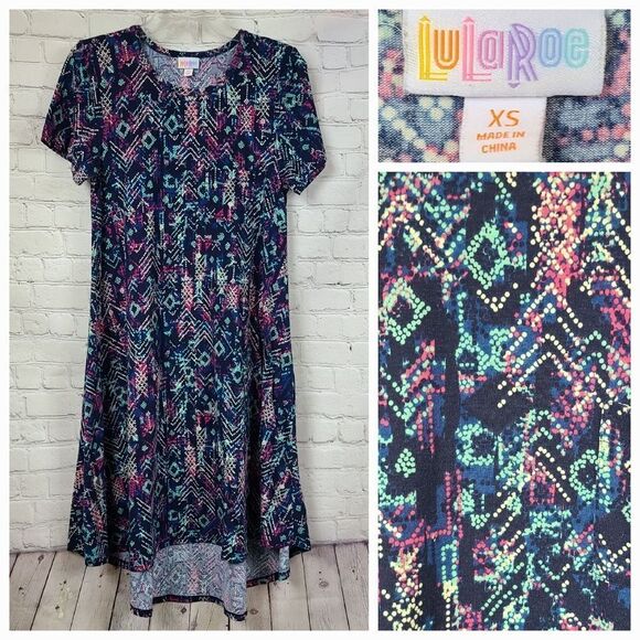 LuLaRoe Carly Dress XS (2/4) Blue Dot Matrix Soft Knit Swing Midi Pocket Hi-Low - Picture 1 of 5